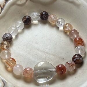 Handcrafted Firestone and quartz stretch bracelet 6.5 inch. 8mm beads